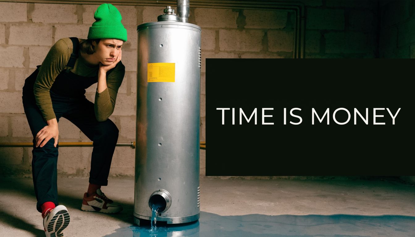 A concerned person wearing a green beanie stares at a leaking water heater in a basement.