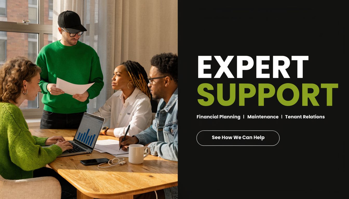 A diverse group of professionals working together around a wooden desk in a modern office space.