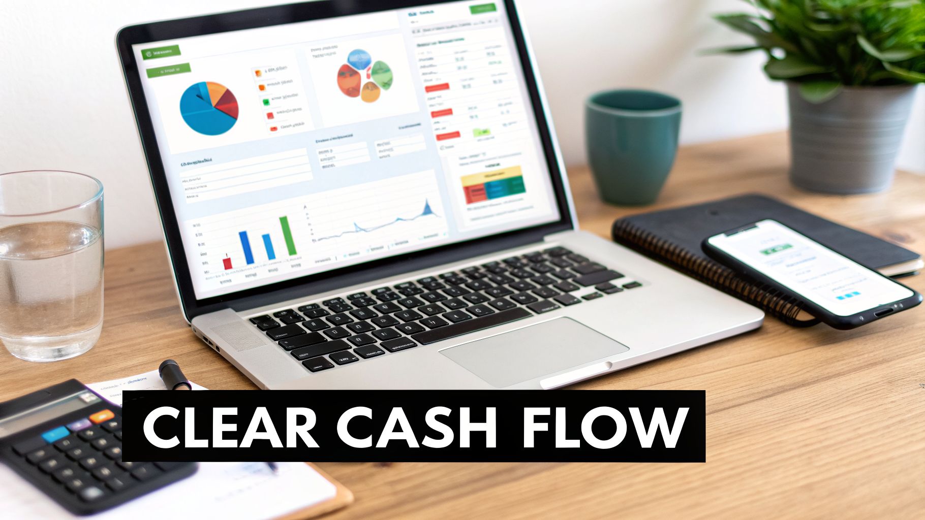 Laptop displaying financial charts and graphs on a desk with a calculator and smartphone, illustrating clear cash flow.