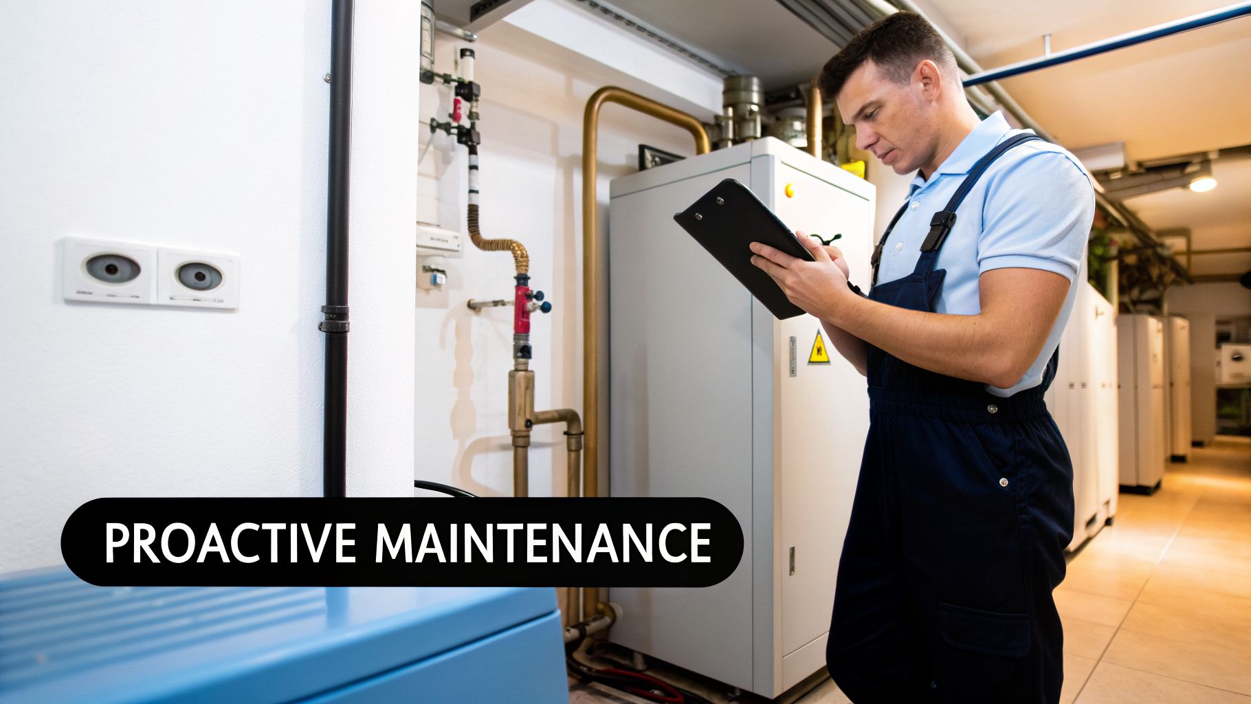 A technician inspects industrial equipment in a utility room, performing proactive maintenance.