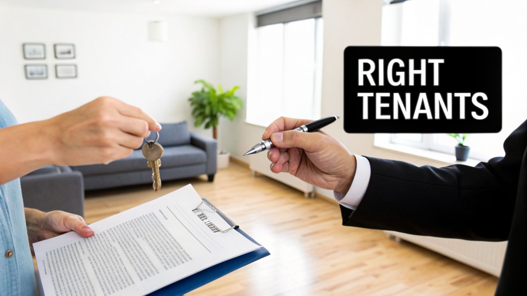 Two people exchanging keys and signing a rental agreement in a home, with a 'Right Tenants' sign.