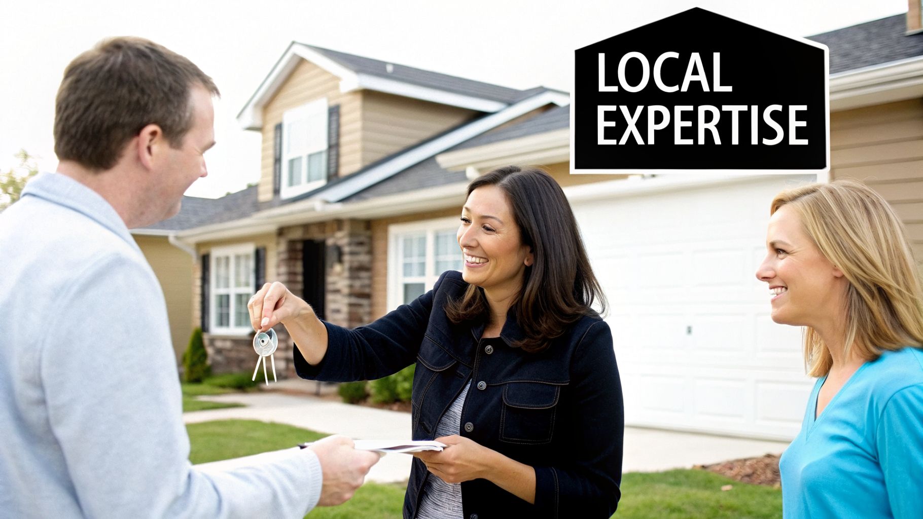 A real estate agent hands house keys to a man, a woman smiles nearby in front of a new home.