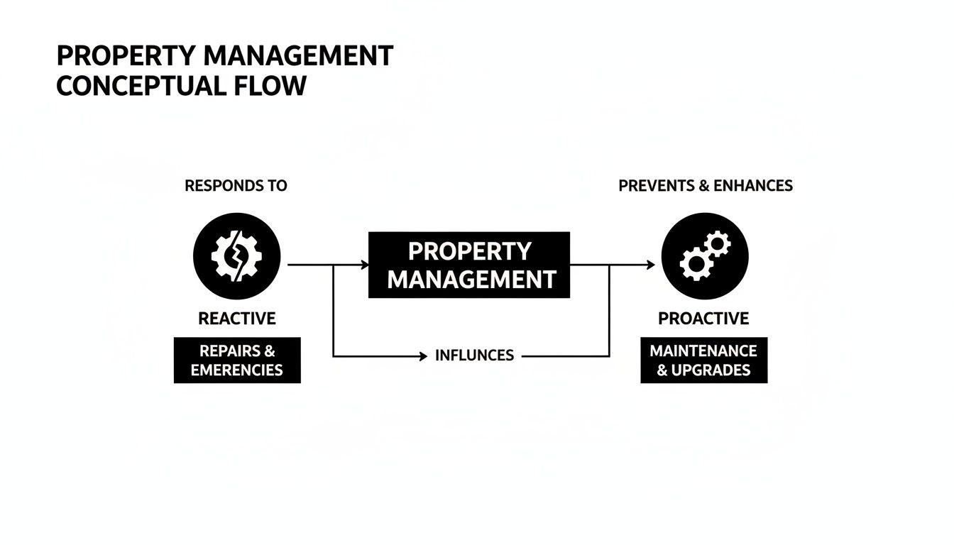 Flowchart depicts property management balancing reactive repairs with proactive maintenance and upgrades.