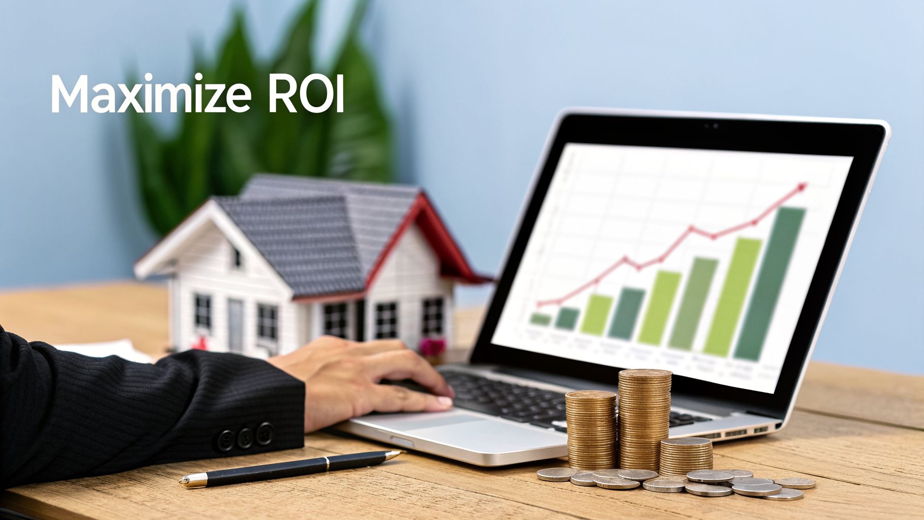 A person analyzes property investment growth on a laptop showing a rising graph, with a model house and coins.