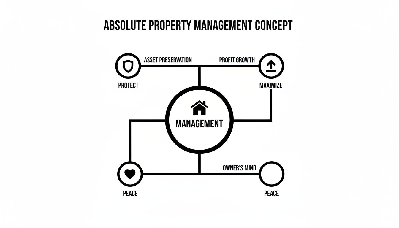 Diagram illustrating the Absolute Property Management concept, detailing protection, profit growth, and peace for the owner's mind.