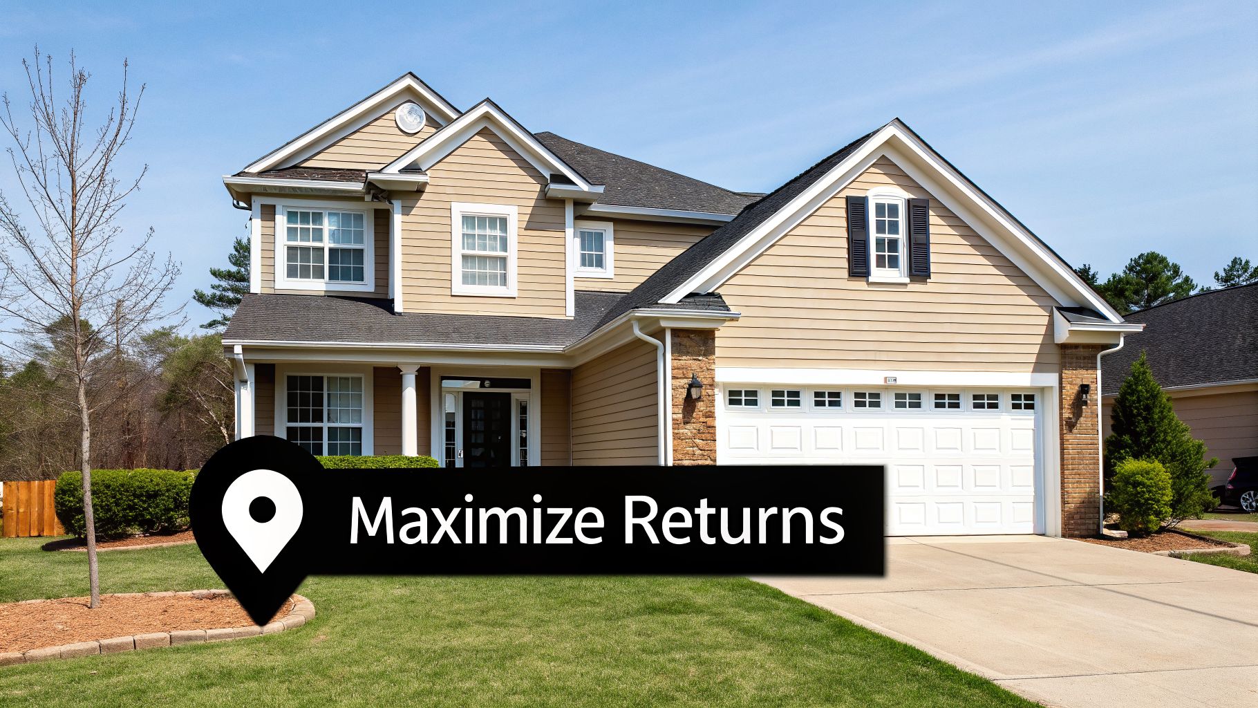 A large, tan suburban house with a green lawn and a black overlay with the text 'Maximize Returns' and a location pin icon.