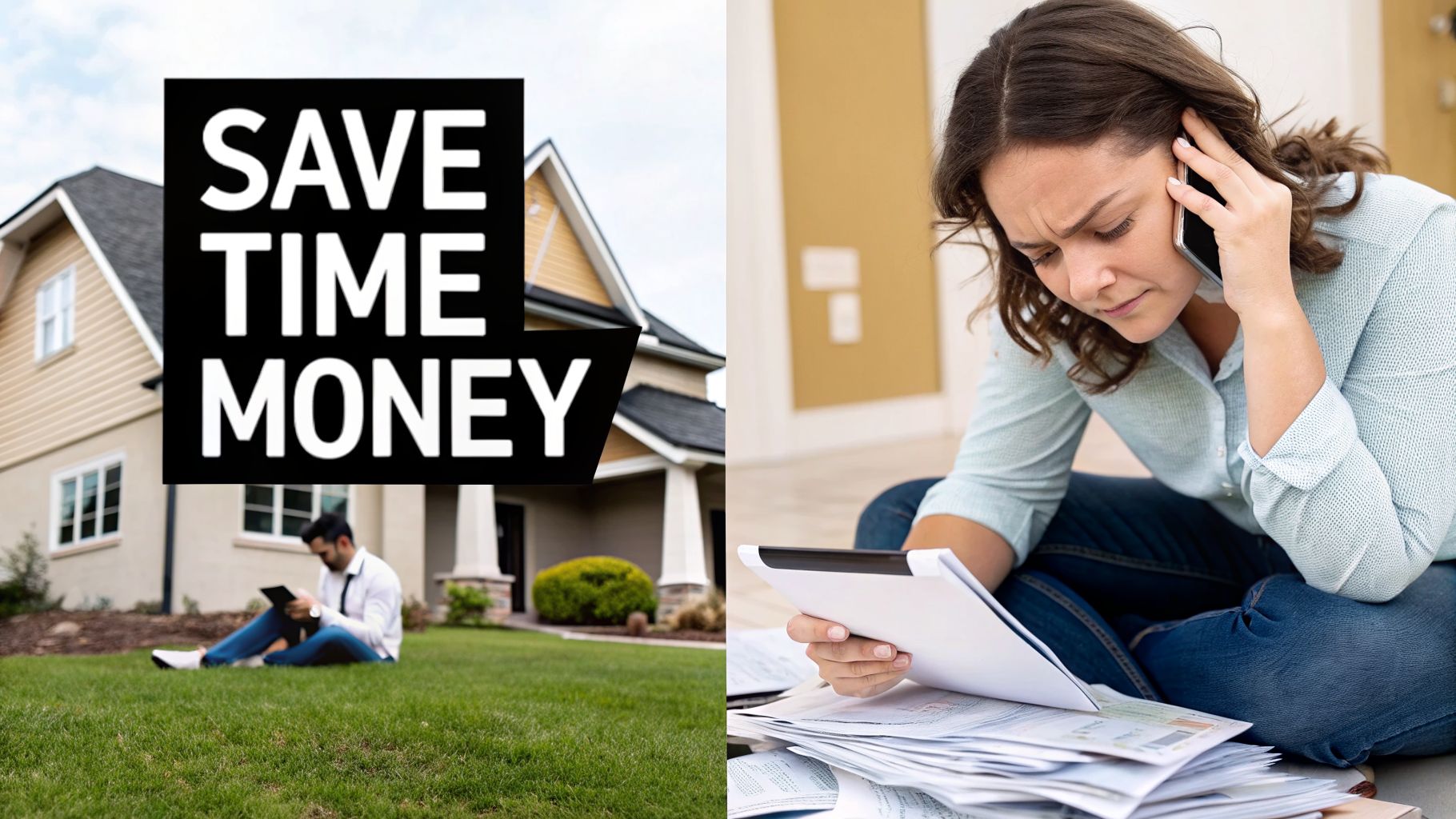 Split image: Man saving time and money with property management, contrasted with a stressed woman overwhelmed by bills.
