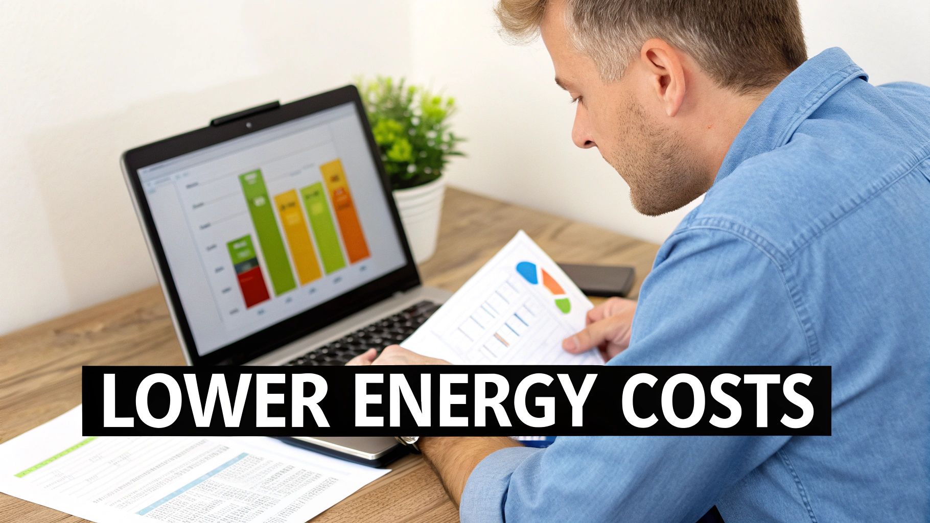 A man analyzes data on a laptop and papers, with a 'LOWER ENERGY COSTS' overlay, indicating cost reduction.