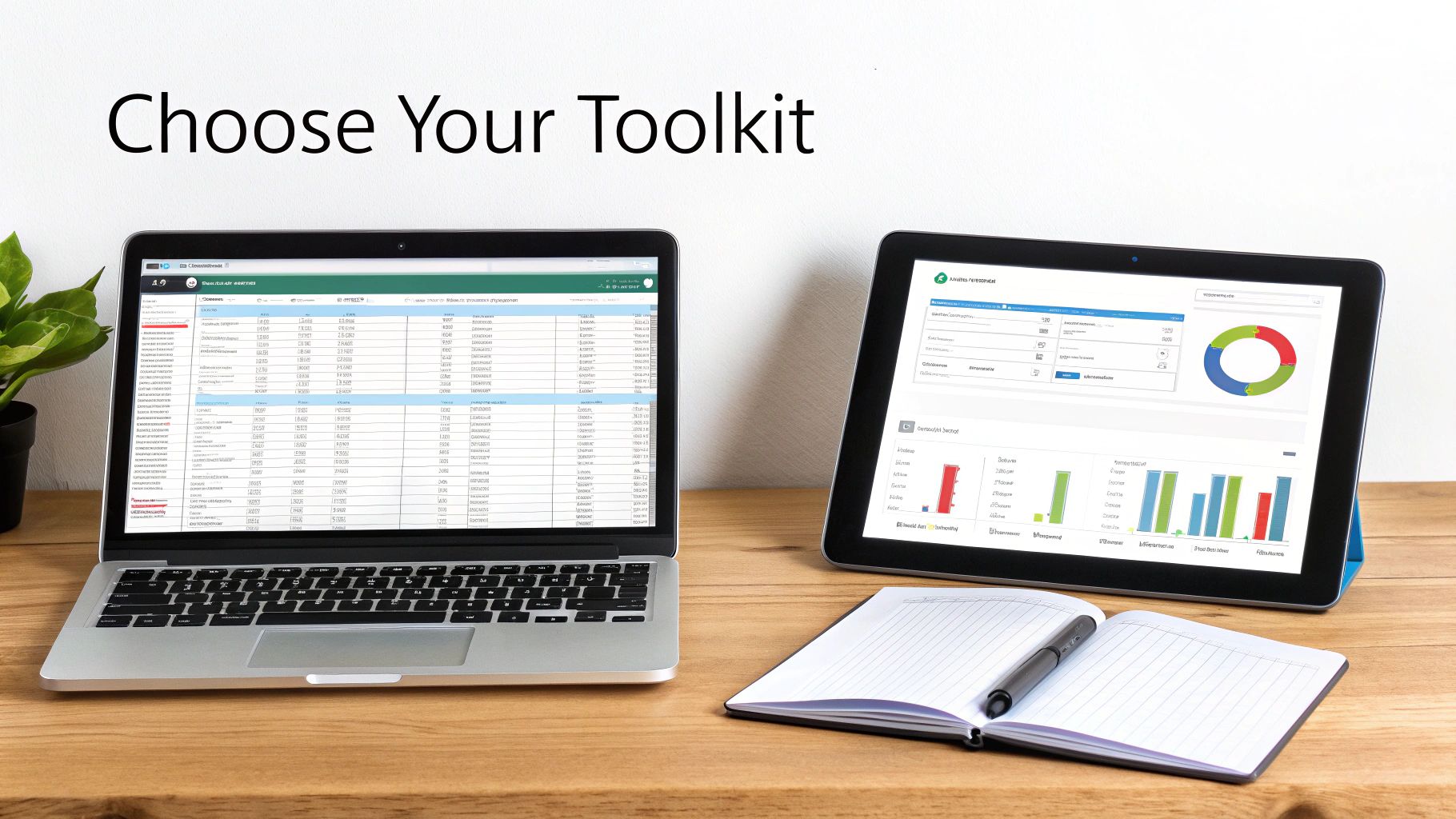 A laptop and tablet display business software and charts on a wooden desk, with text 'Choose Your Toolkit'.