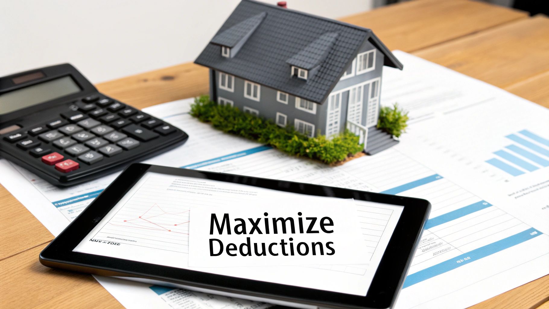 Financial tools including a calculator, house model, and tablet advising to 'Maximize Deductions'.