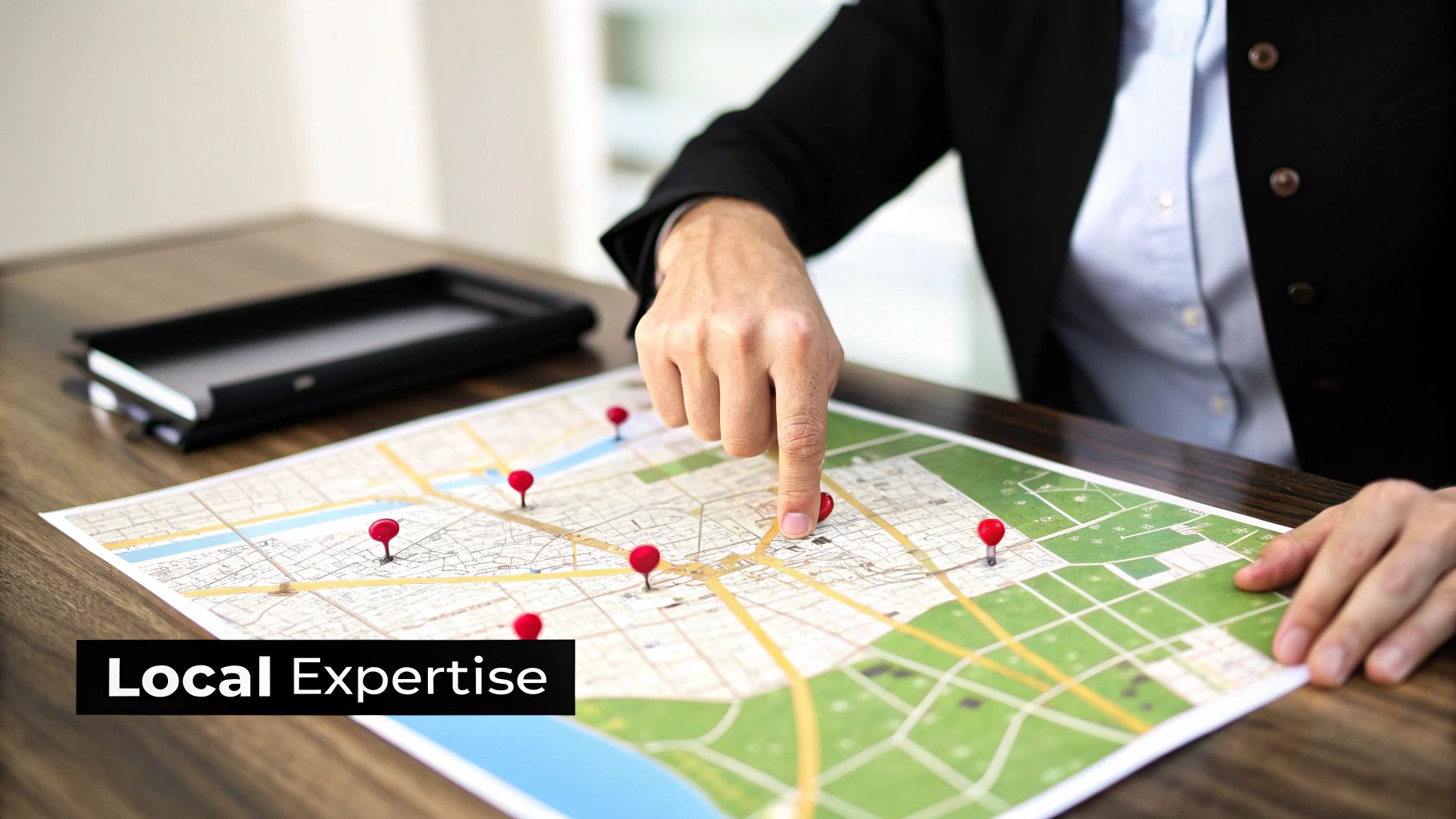 A professional pointing at a city map with red location pins, illustrating local expertise and geographic focus.
