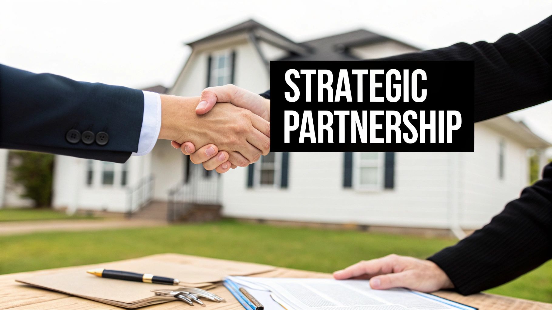 Two business people shaking hands in front of a house, symbolizing a strategic partnership.
