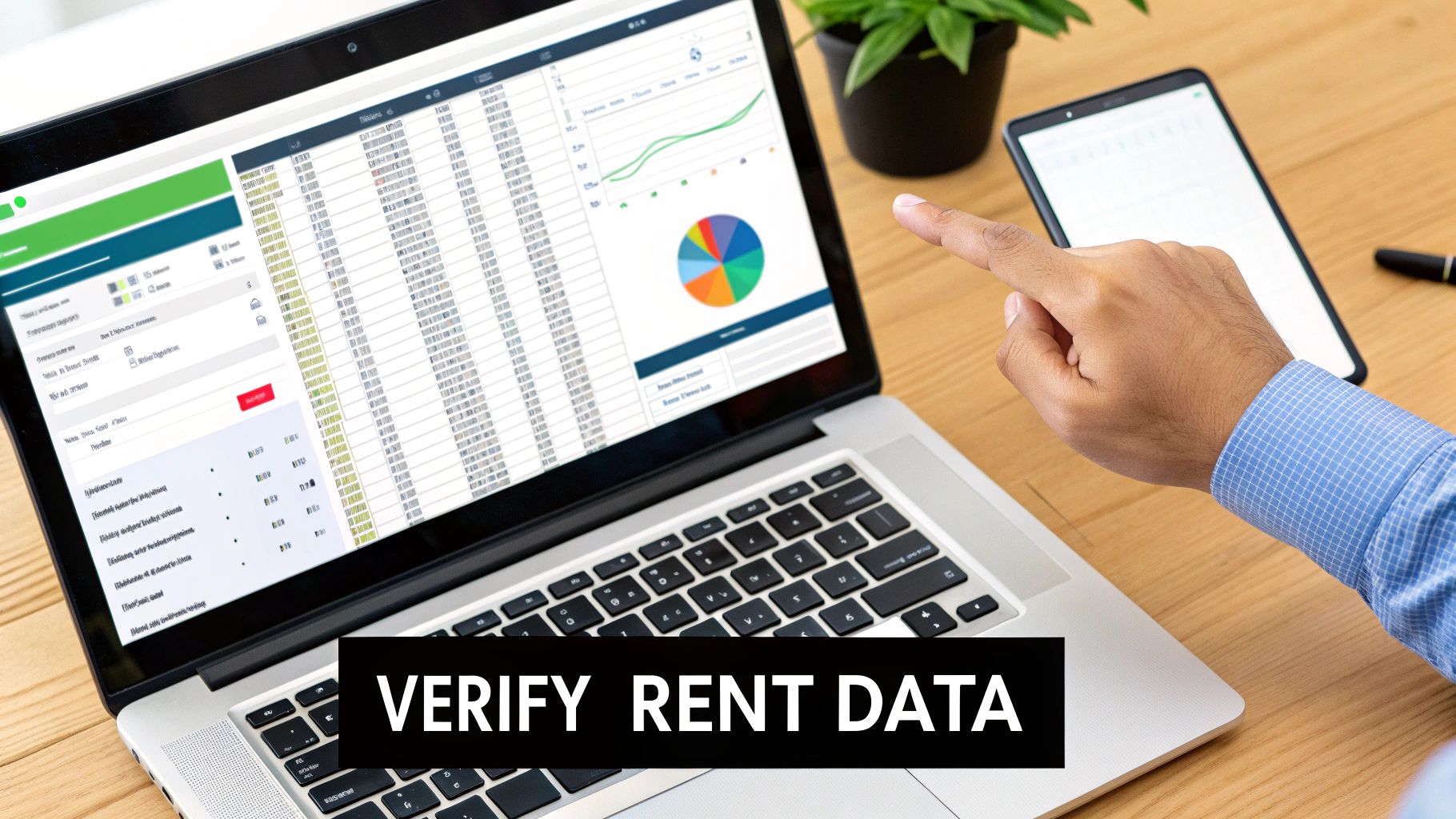 A person's hand points to a smartphone next to a laptop displaying rent data and financial charts.