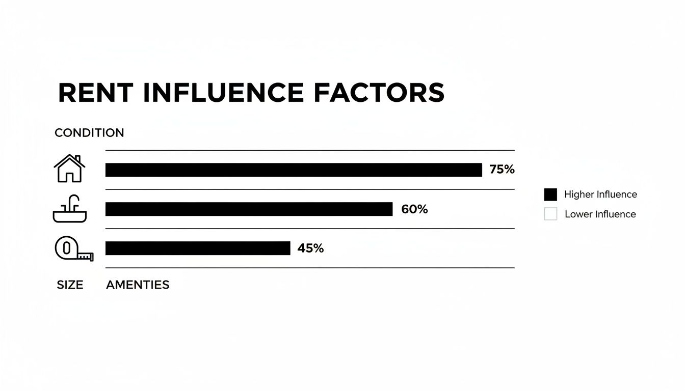 Bar chart illustrating rent influence factors: Condition at 75%, Amenities at 60%, and Size at 45%.