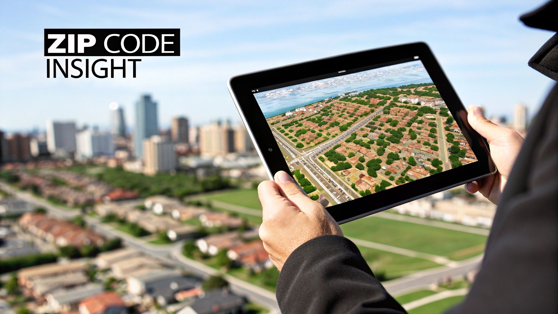 A person holds a tablet showing an aerial map of a city with residential areas and a skyline in the background.