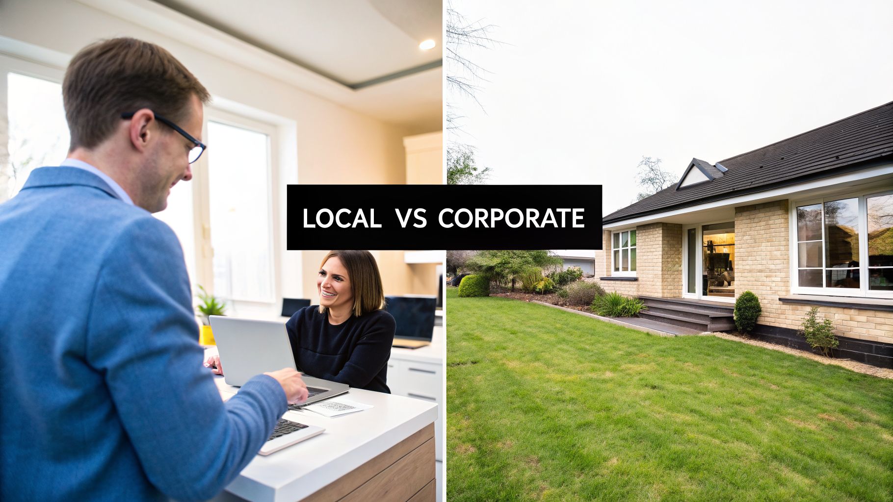 A split image contrasting local and corporate, with an office meeting on the left and a modern house on the right, labeled 'LOCAL VS CORPORATE'.