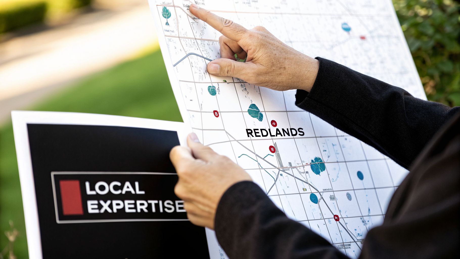 Hands holding and pointing at a city map of Redlands, with a 'Local Expertise' sign.