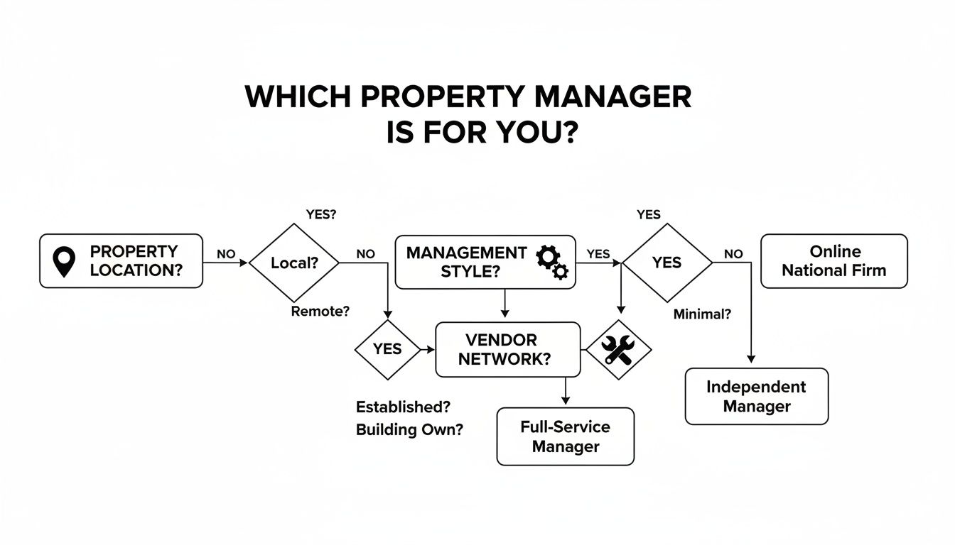 Flowchart guiding the selection of a property manager based on location, management style, and vendor network.