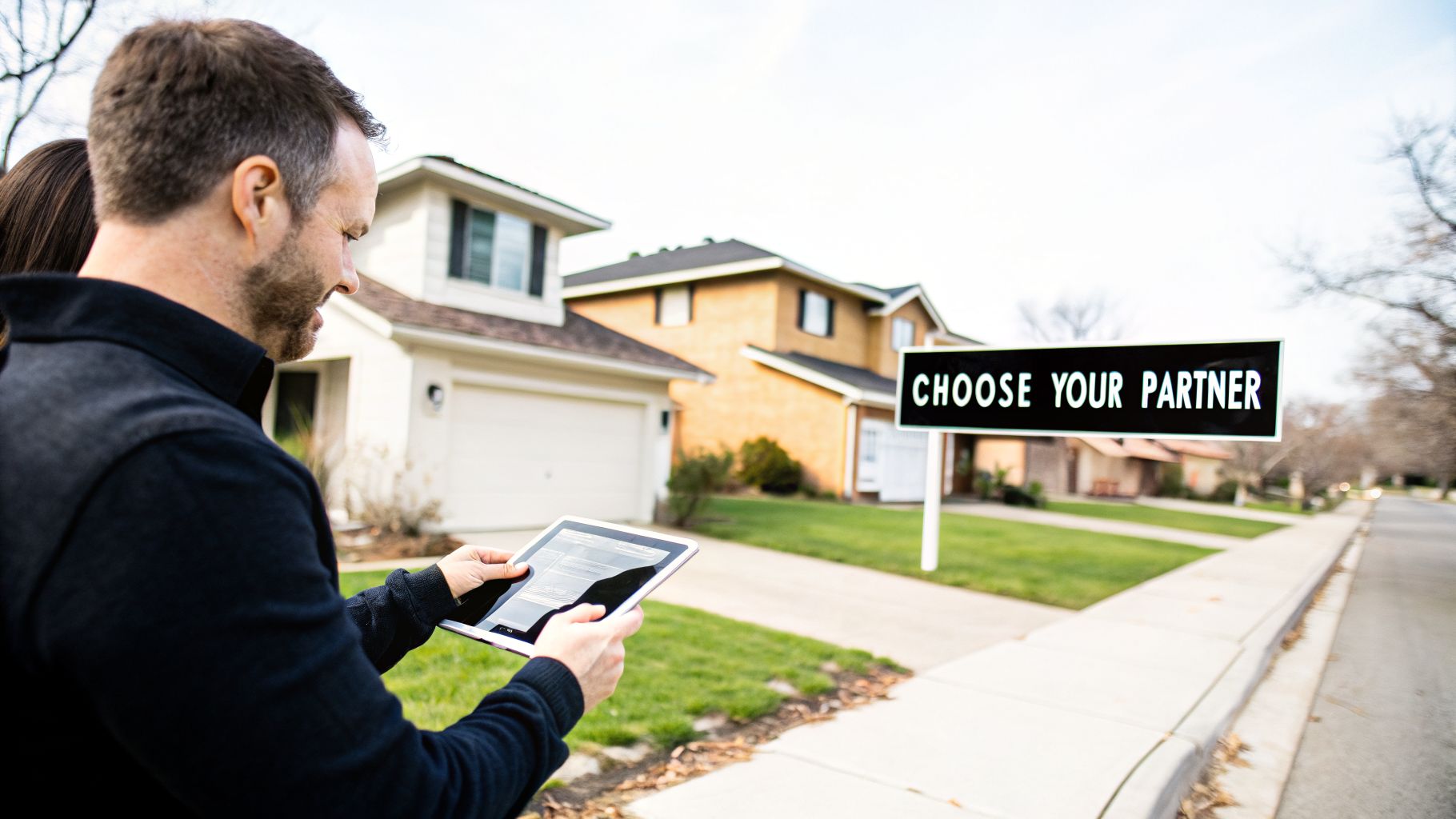 A man holding a tablet stands in front of suburban houses with a "Choose Your Partner" sign.