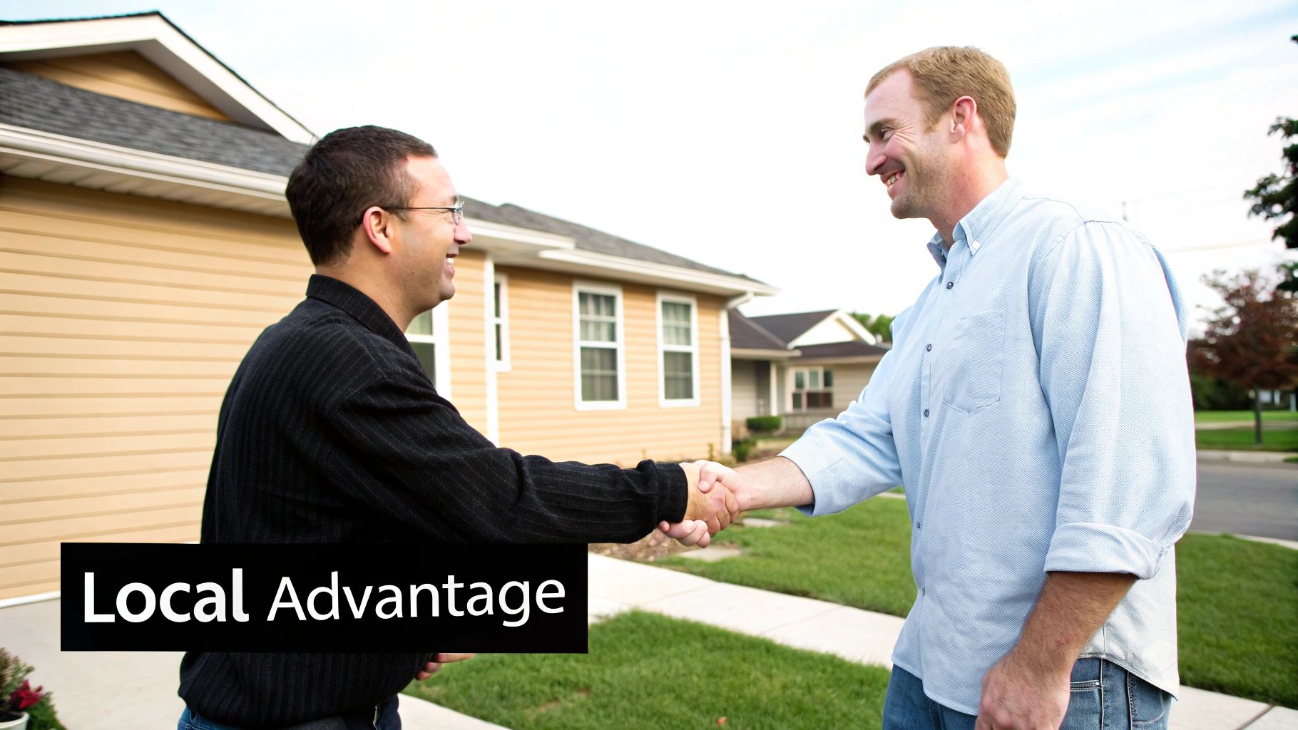 Two smiling men shaking hands in front of suburban houses with text 'Local Advantage'.