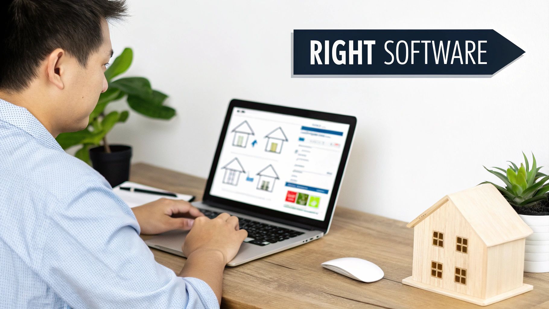 Man typing on a laptop showing property options, with a wooden house model and a 'RIGHT SOFTWARE' sign.