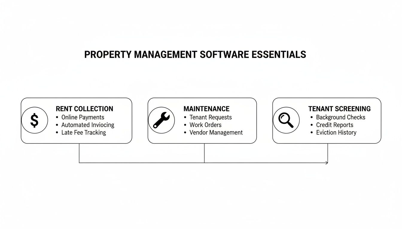 Diagram illustrating property management software essentials, including rent collection, maintenance, and tenant screening.