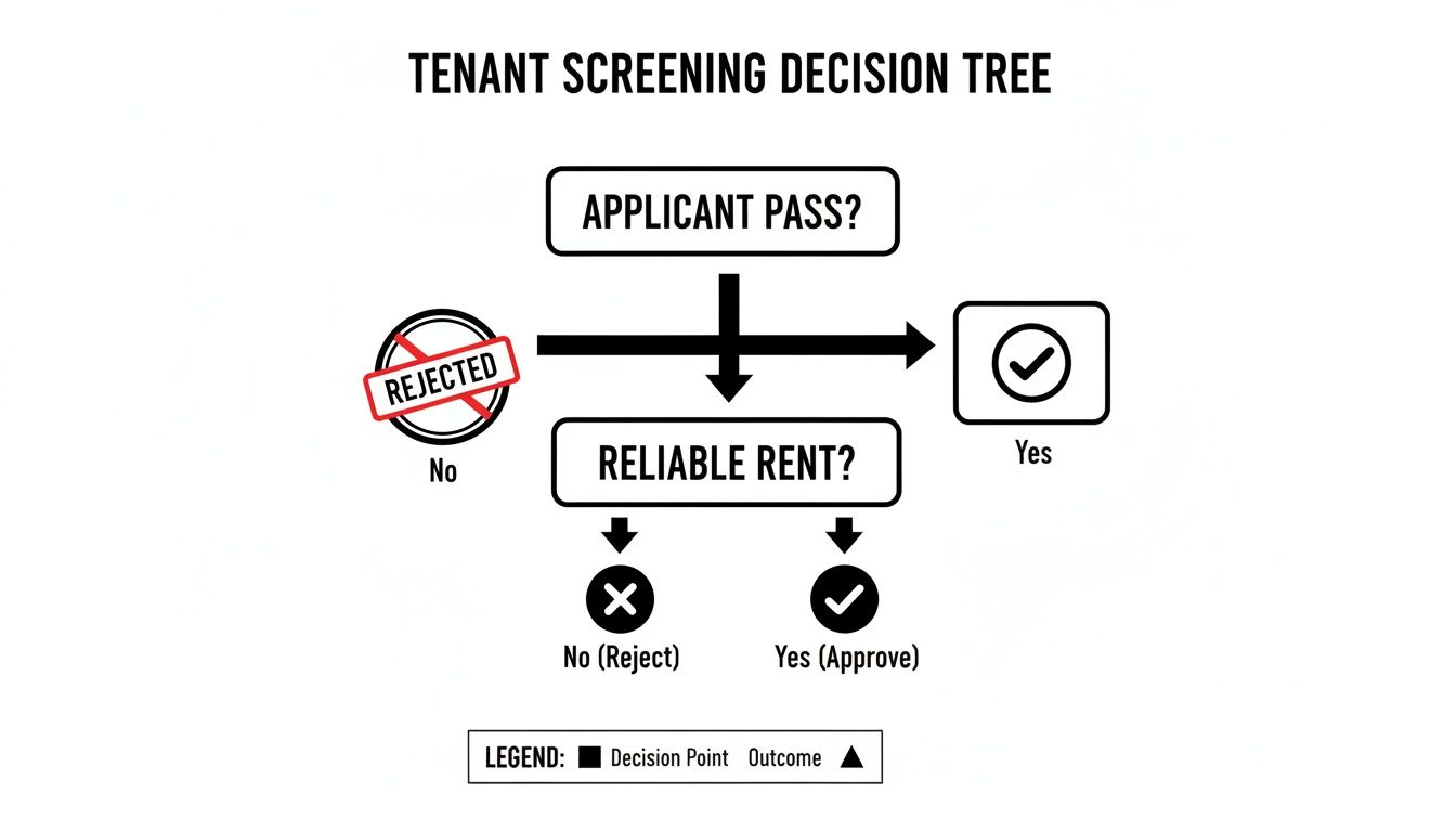 A tenant screening decision tree flowchart outlining steps for applicant pass and reliable rent to approve or reject.