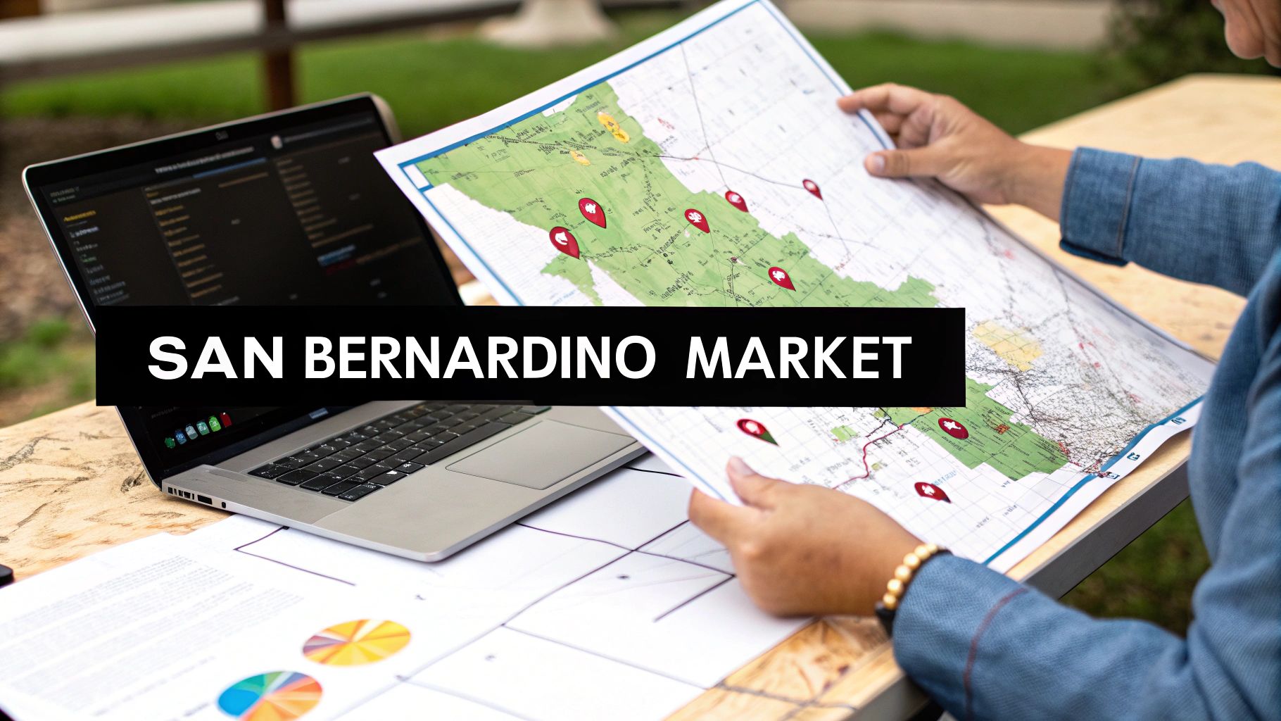 A person analyzing a San Bernardino market map with location pins, a laptop, and charts.