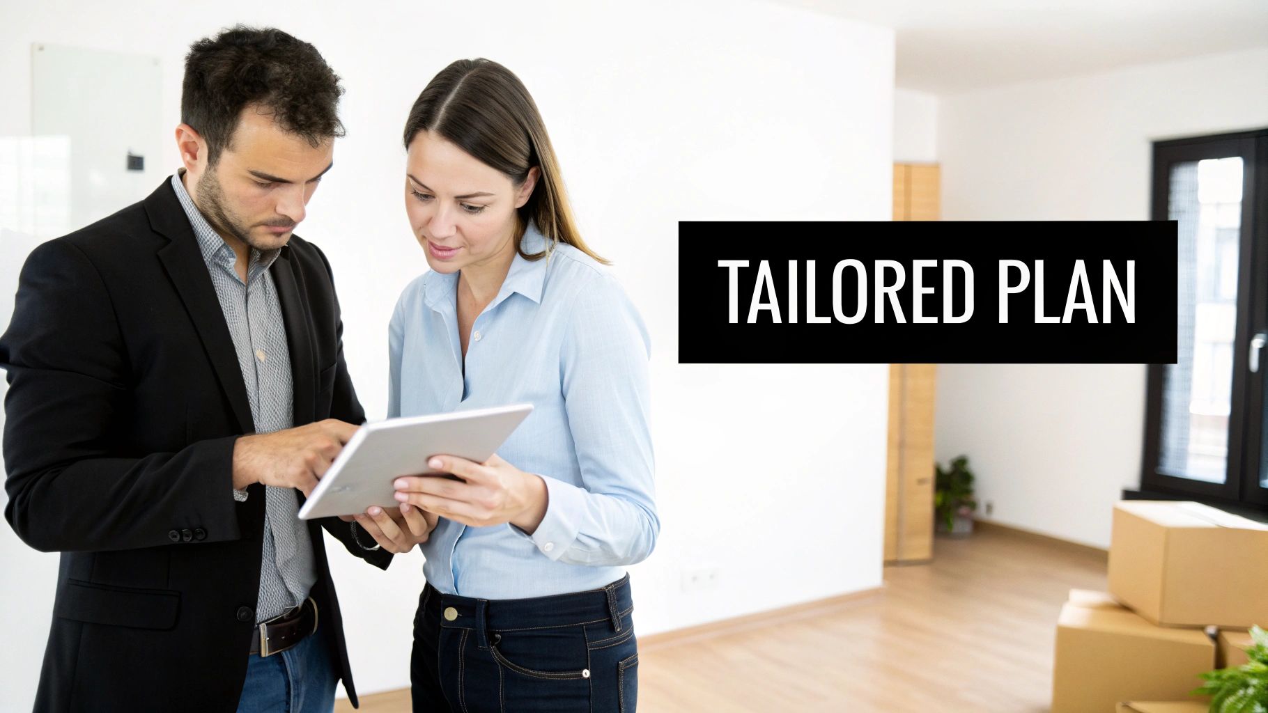 Two real estate professionals discuss a tailored property plan on a tablet in an empty room with moving boxes.