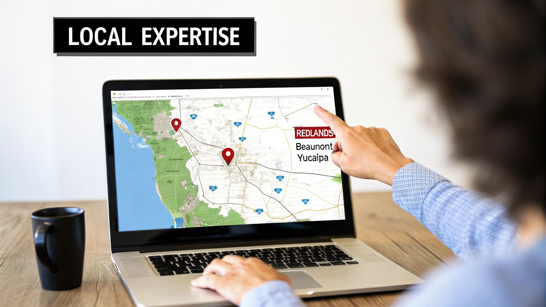 Person pointing at a digital map on a laptop screen, demonstrating local property expertise.