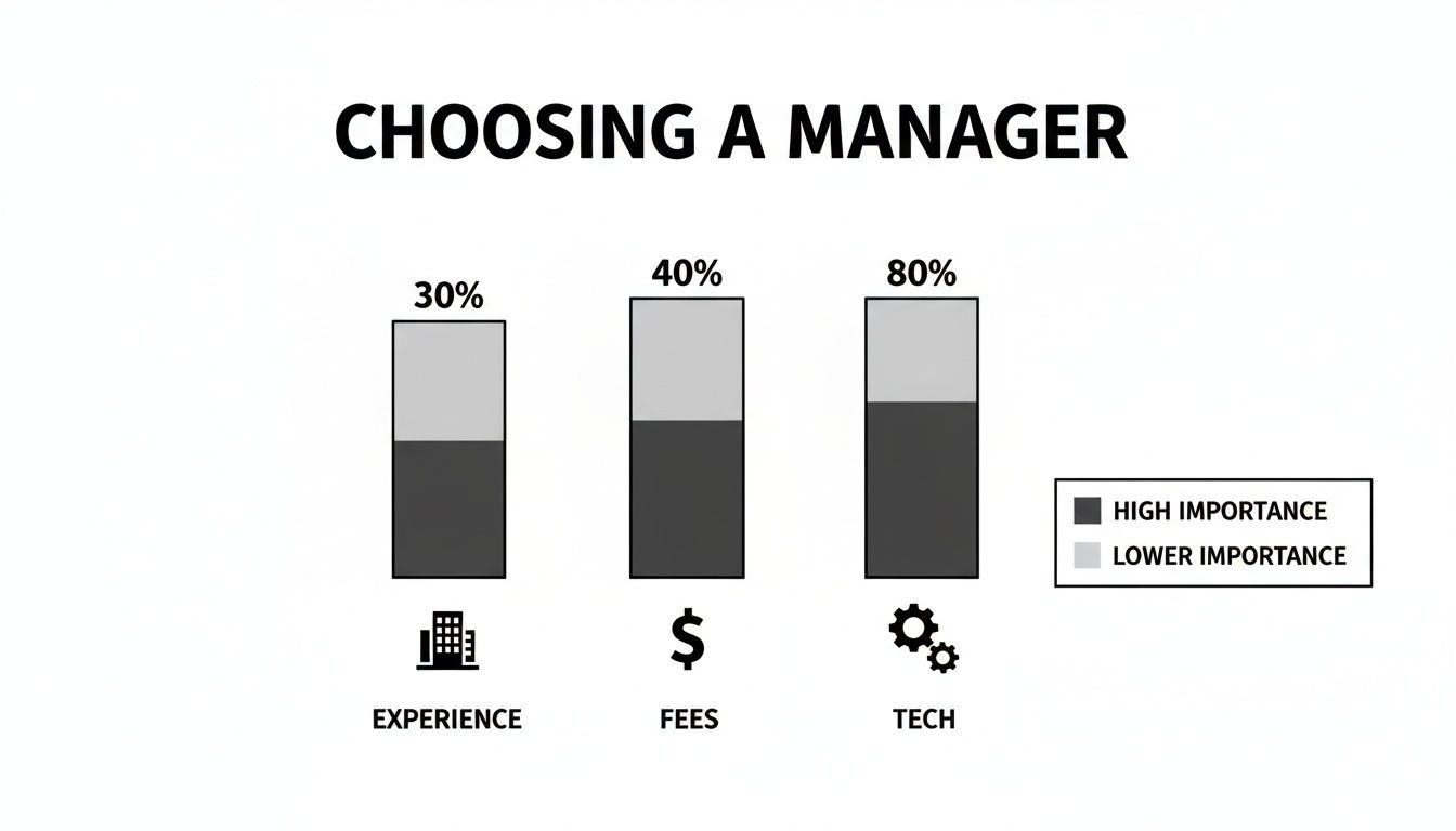Bar chart showing importance factors when choosing a manager: Experience 30%, Fees 40%, Tech 80%.