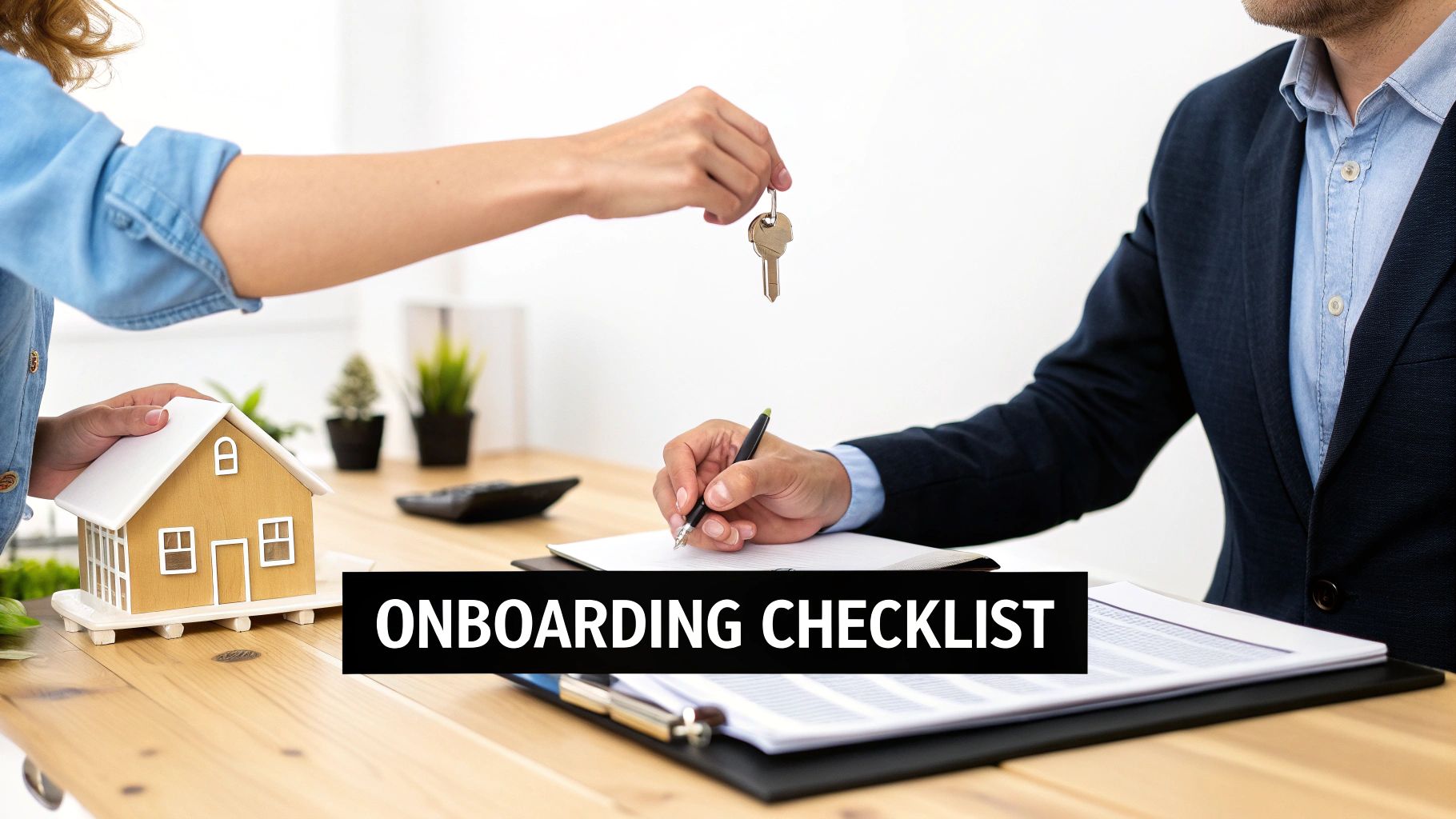 A woman hands house keys to a man signing a document, with a model house and 'ONBOARDING CHECKLIST' text.