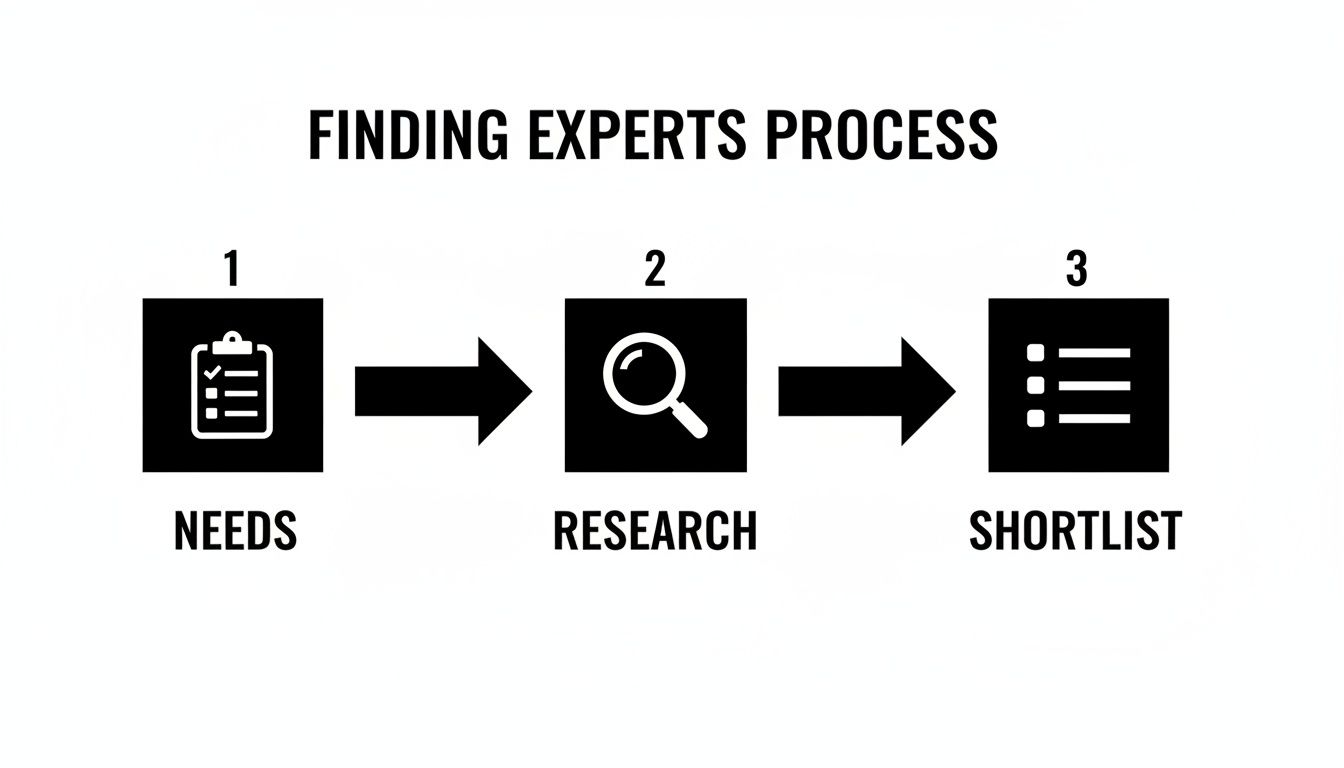 A three-step process for finding experts, including Needs, Research, and Shortlist.