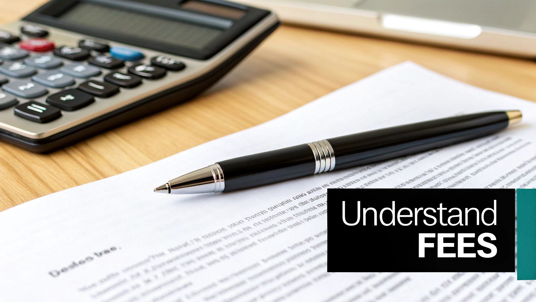A calculator, pen, and document on a wooden desk with a 'Understand FEES' text overlay.