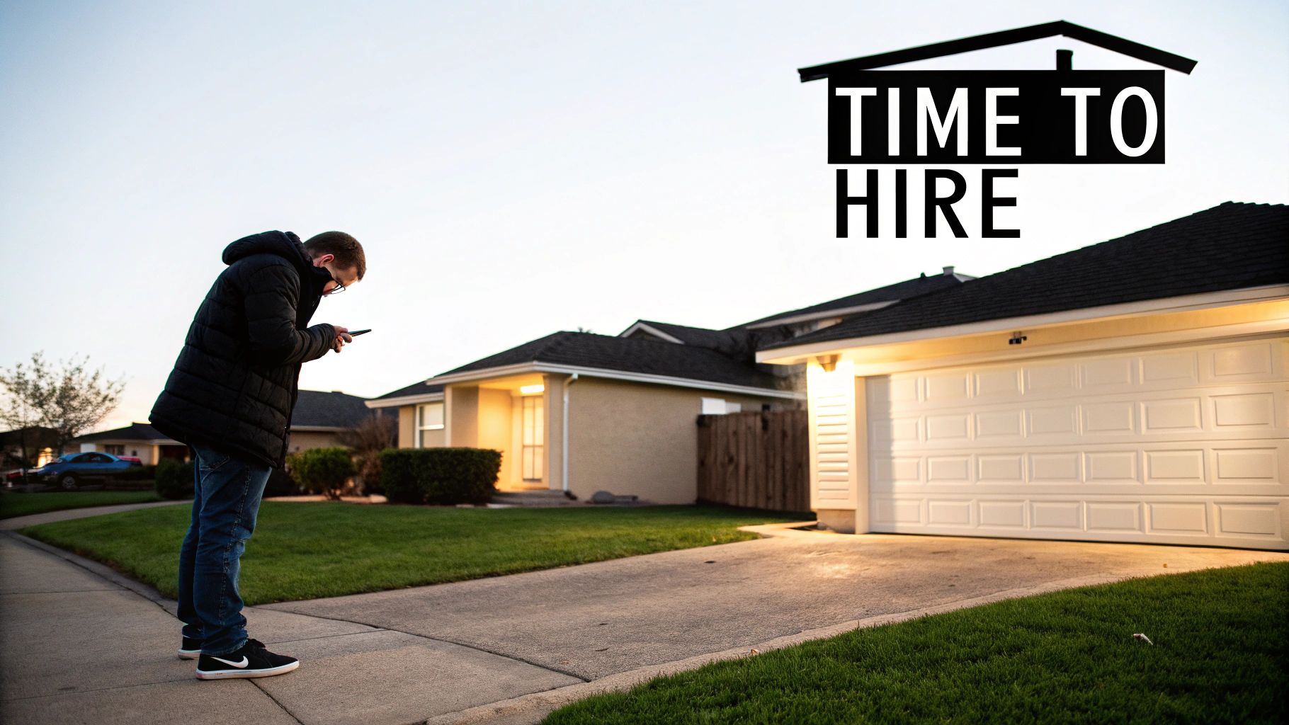A man in a coat stands on a sidewalk, looking at his phone, with houses and a 'Time to Hire' graphic visible in the background.