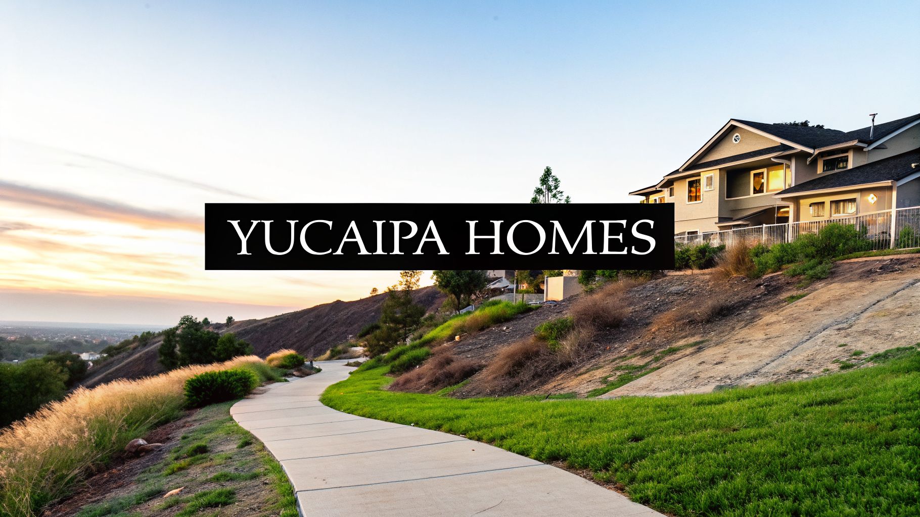 Modern home on a hillside path overlooking a city at sunset in Yucaipa, California.