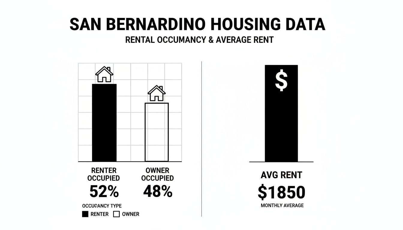 San Bernardino housing data displays 52% renter-occupied, 48% owner-occupied, and an average monthly rent of $1850.