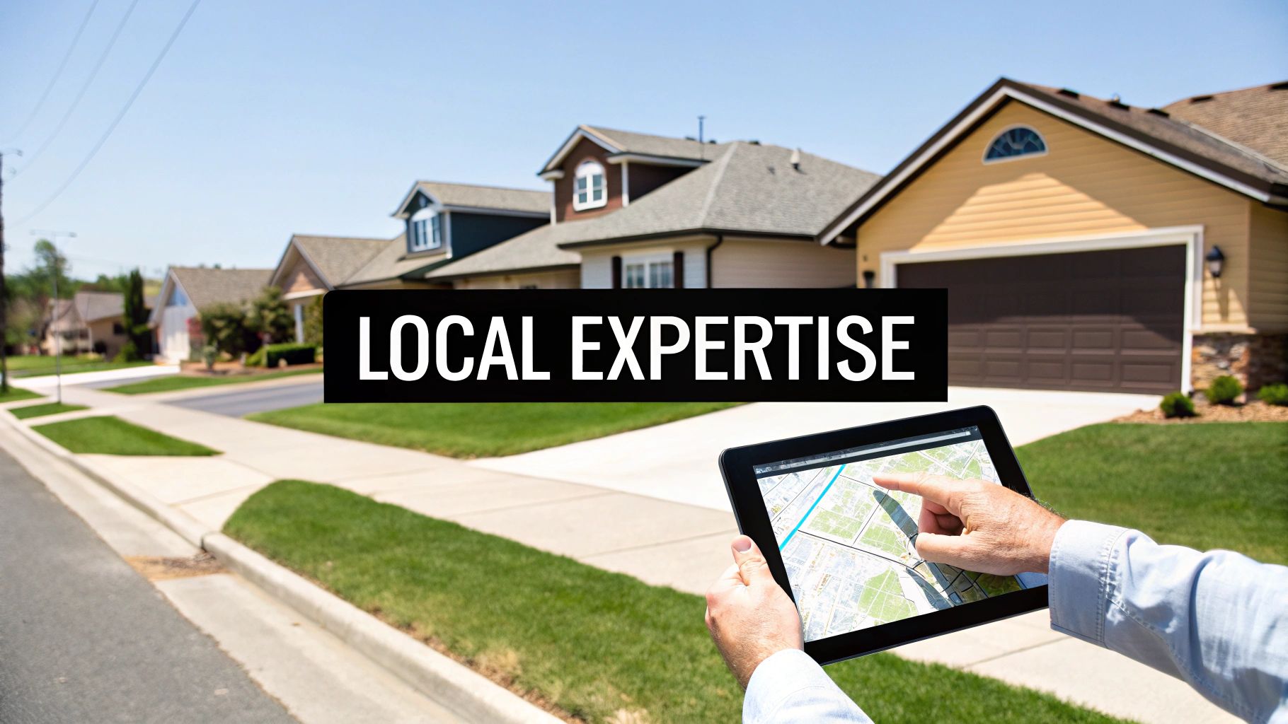 Person using a tablet with a map, pointing at it, in front of suburban houses with 'LOCAL EXPERTISE' text.