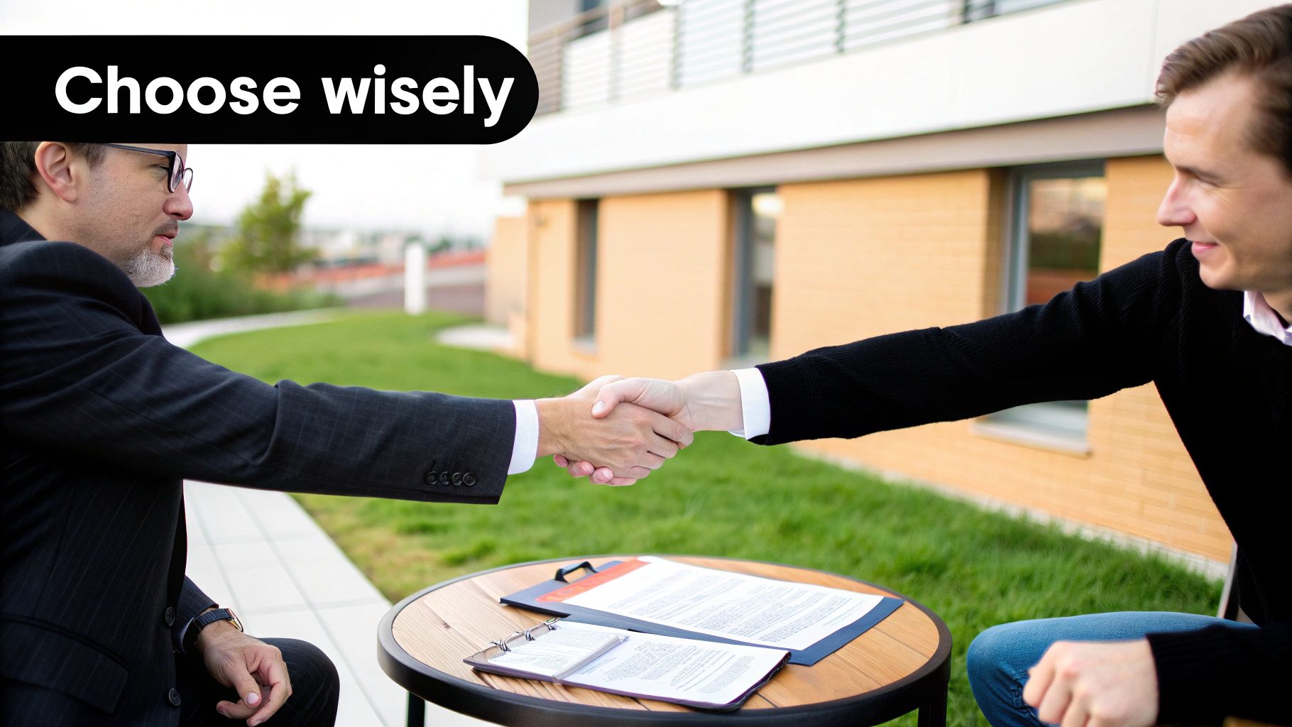 Two men shaking hands over documents on a table, symbolizing a business agreement or deal.