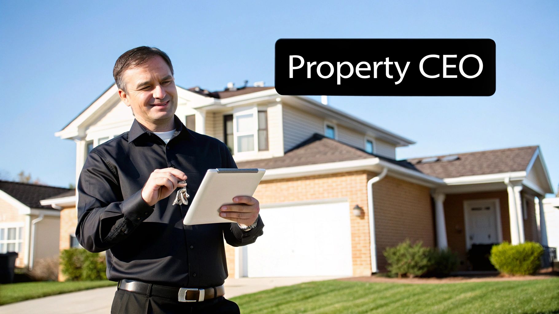 A smiling property manager holding house keys and a tablet in front of a modern home.