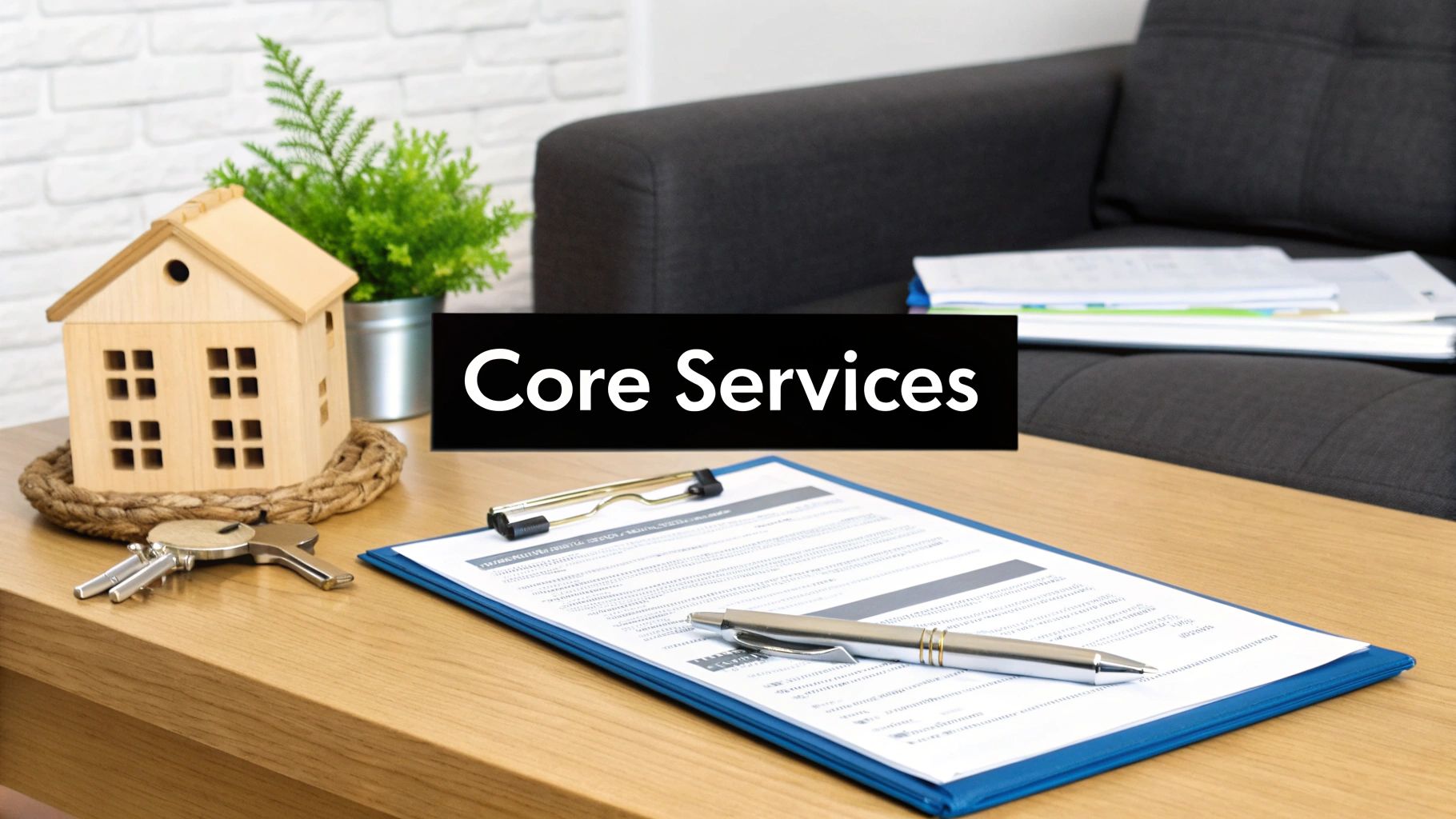 A wooden house model, keys, and a clipboard with a pen on a table, with 'Core Services' text.