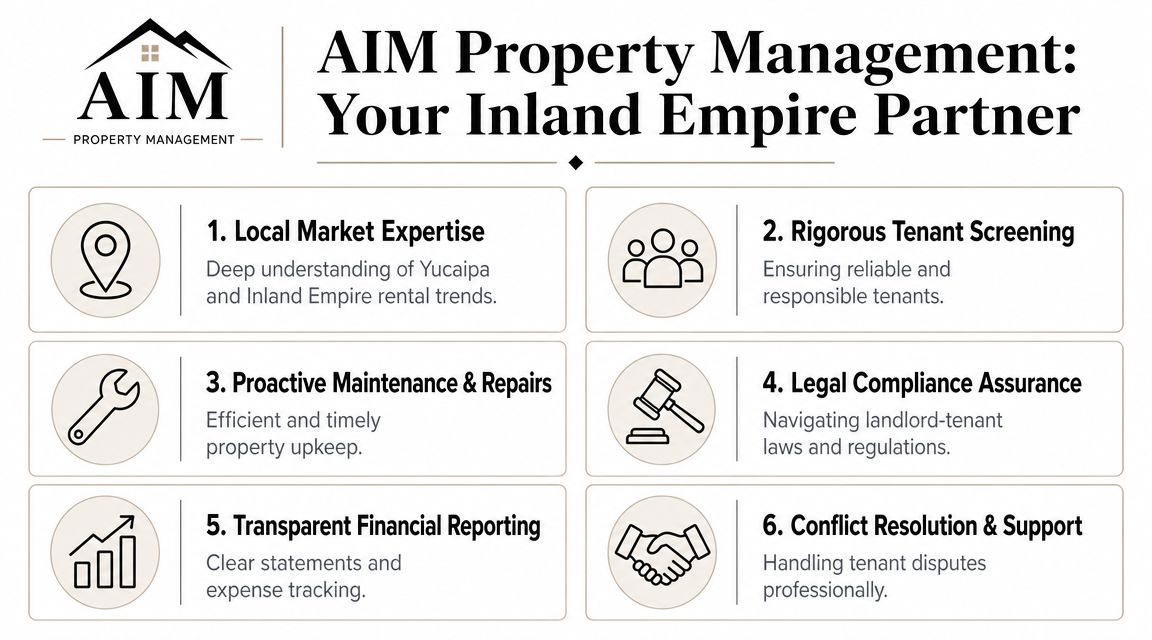 AIM Property Management graphic highlighting six key service benefits for rental property owners in the Inland Empire.