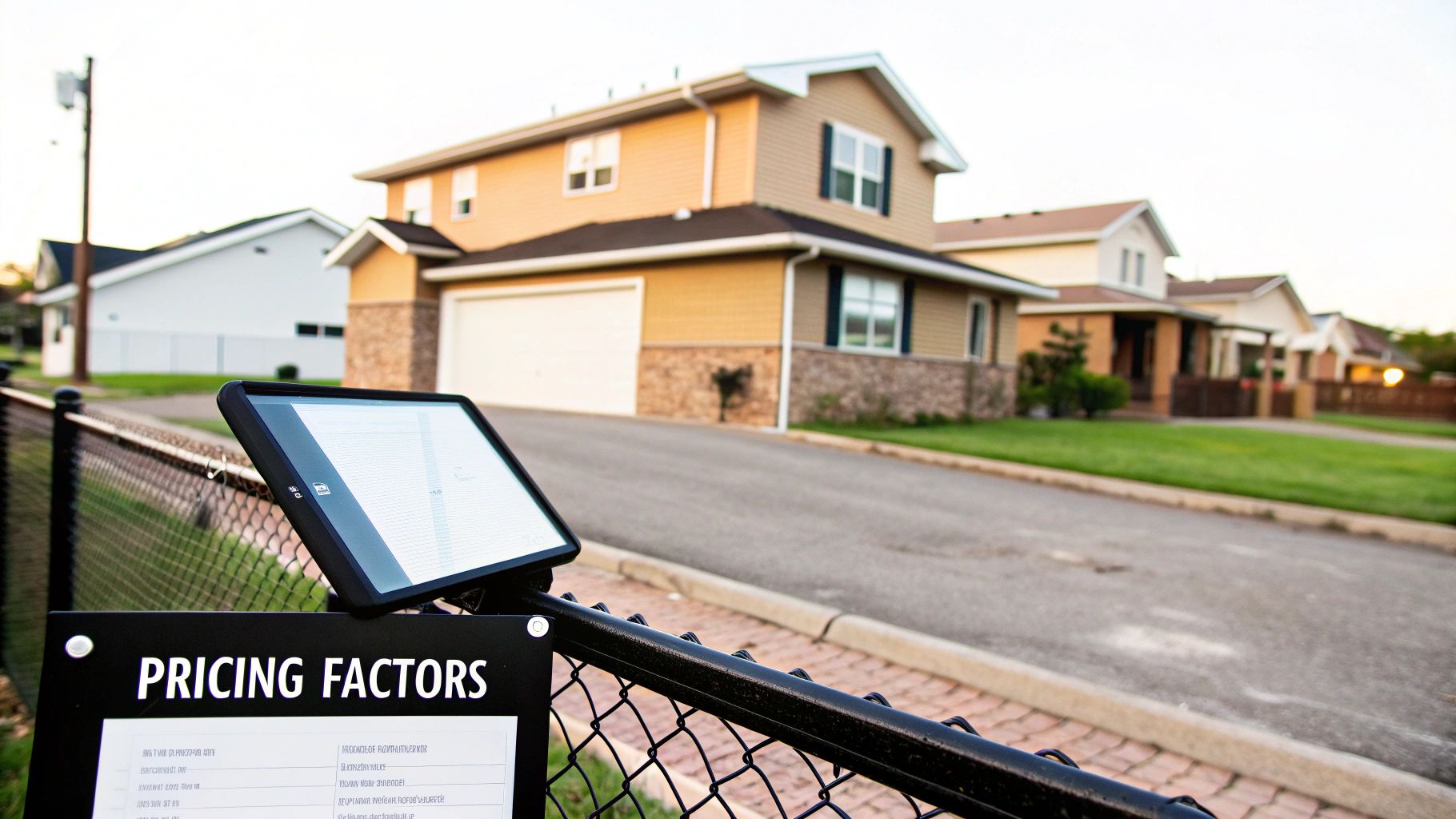 A sign displaying "PRICING FACTORS" with a tablet on a fence in a suburban neighborhood with houses.