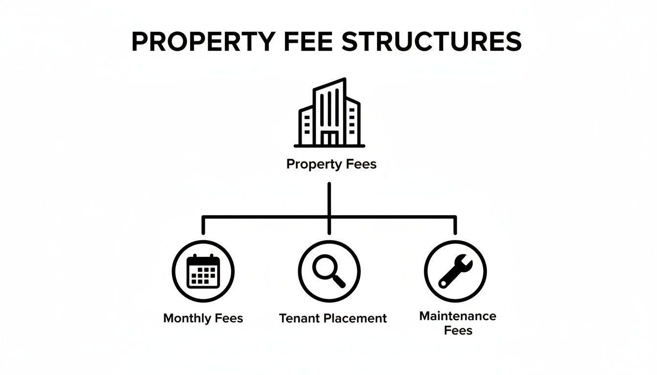 Diagram illustrating property fee structures, including monthly fees, tenant placement, and maintenance fees.