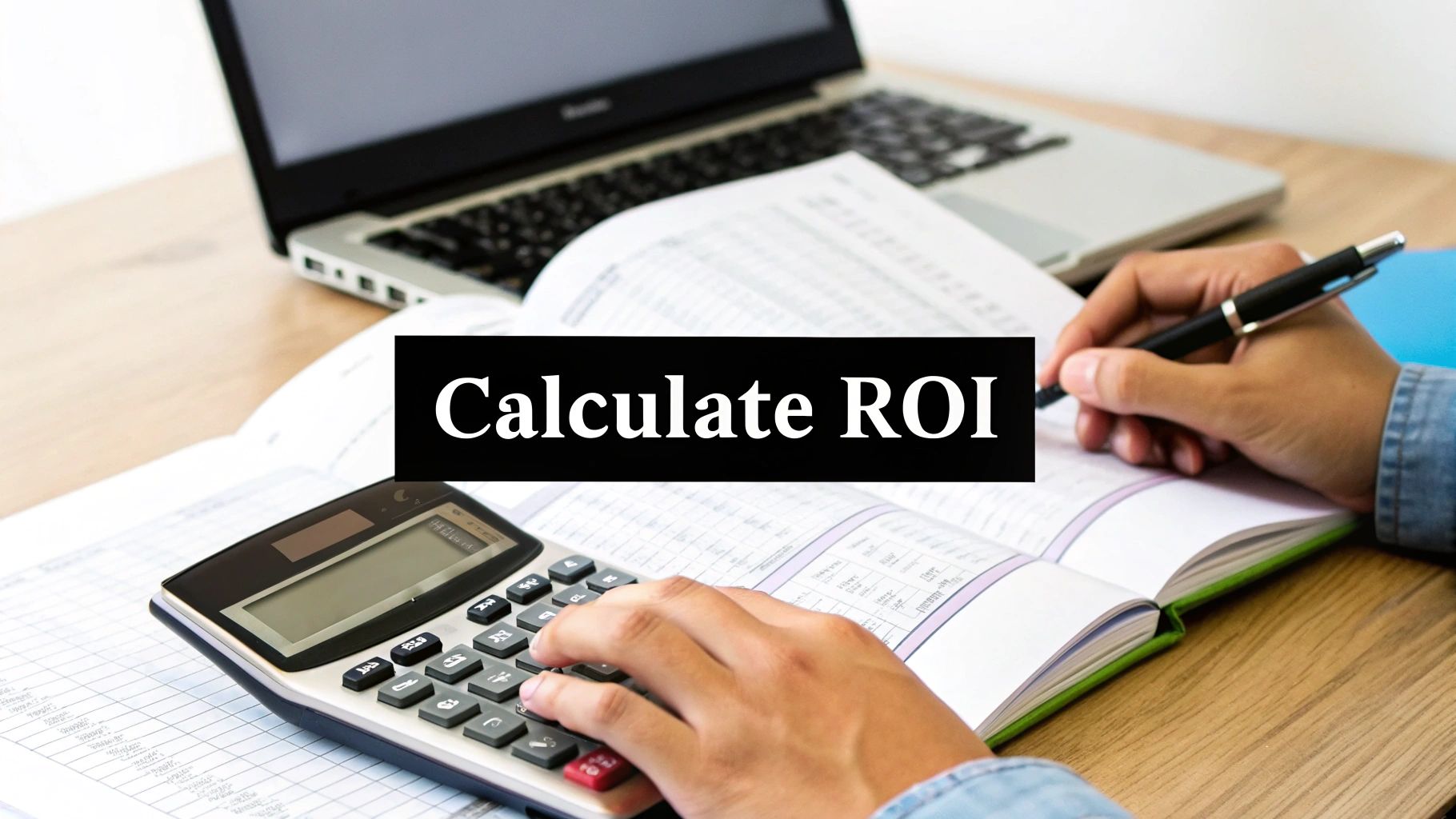 A person uses a calculator and writes in a notebook to calculate ROI, with a laptop in the background.