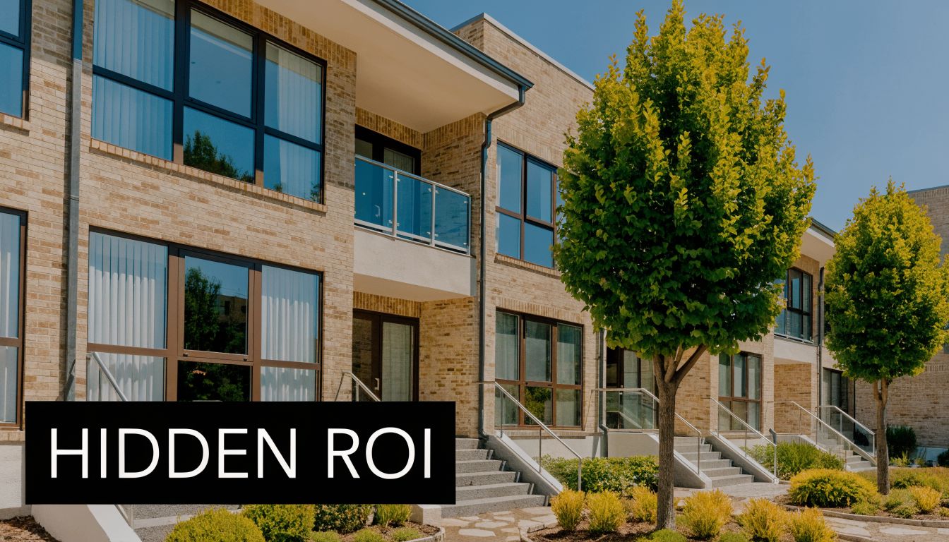A modern apartment complex featuring brick walls, large windows, and manicured green landscaping with trees.