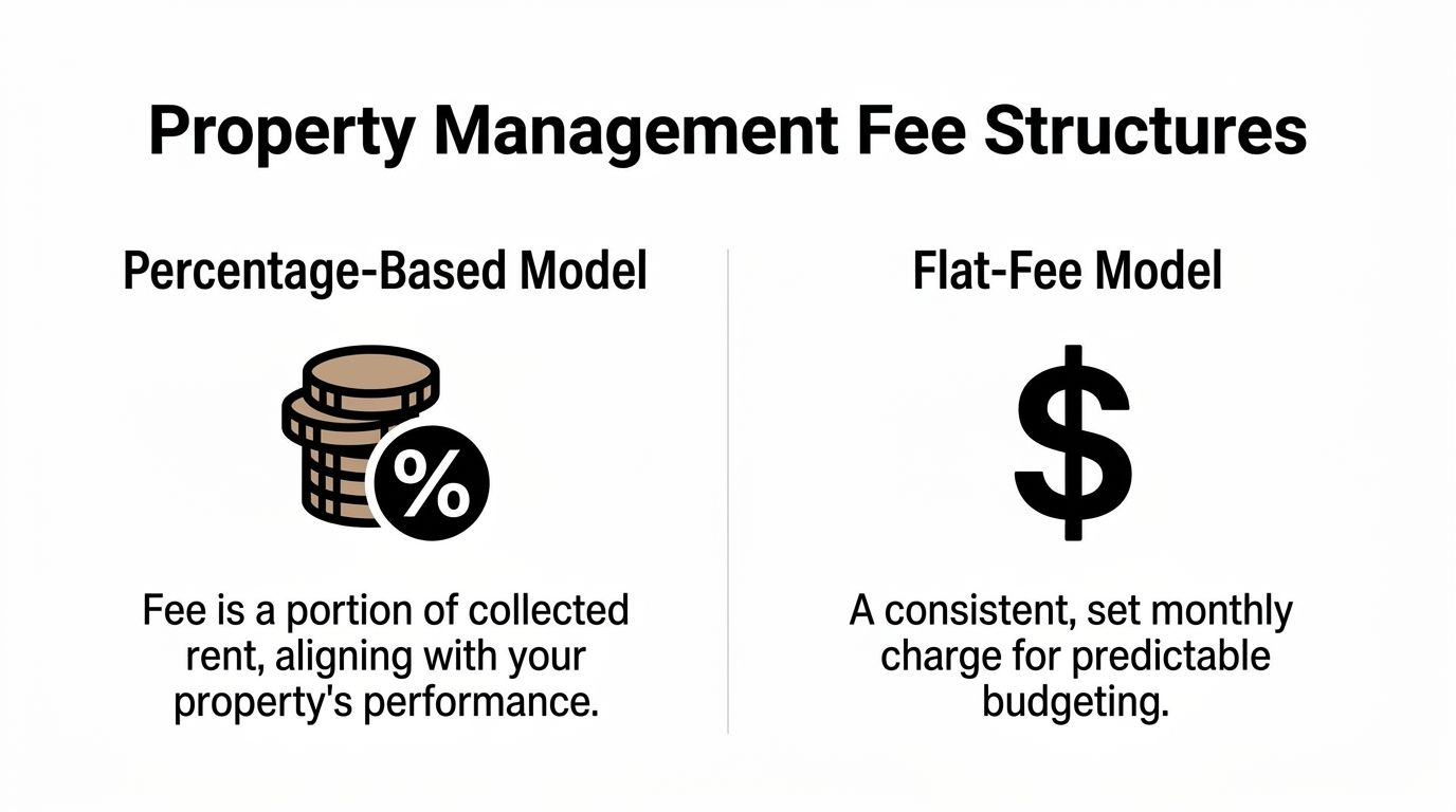 An infographic showing the two common property management fee structures: percentage-based model and flat-fee model.
