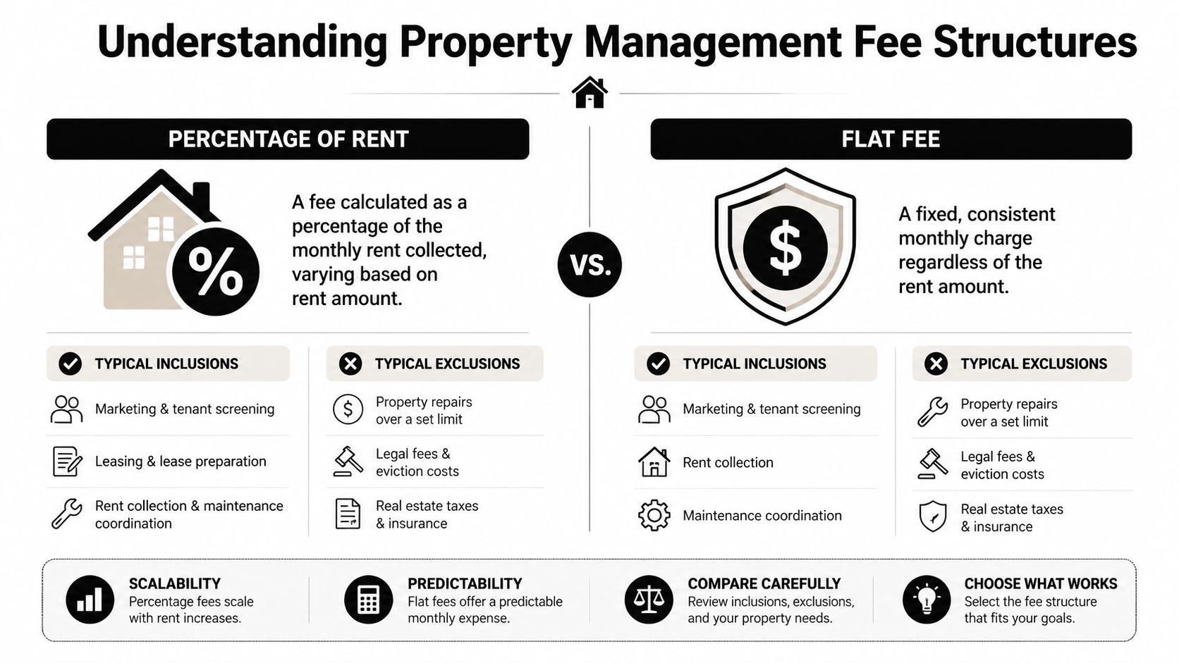 An infographic comparing property management fee structures showing Percentage of Rent versus Flat Fee models.