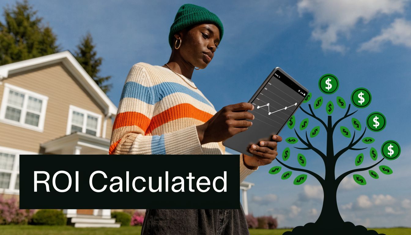 A person standing in front of a house holding a tablet displaying financial growth graphics.