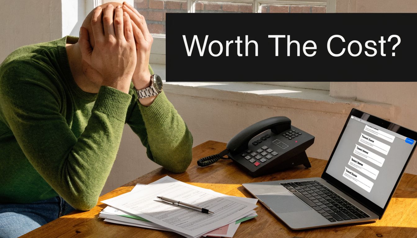 A stressed bald man with hands on his head sitting at a desk with paperwork and laptop.